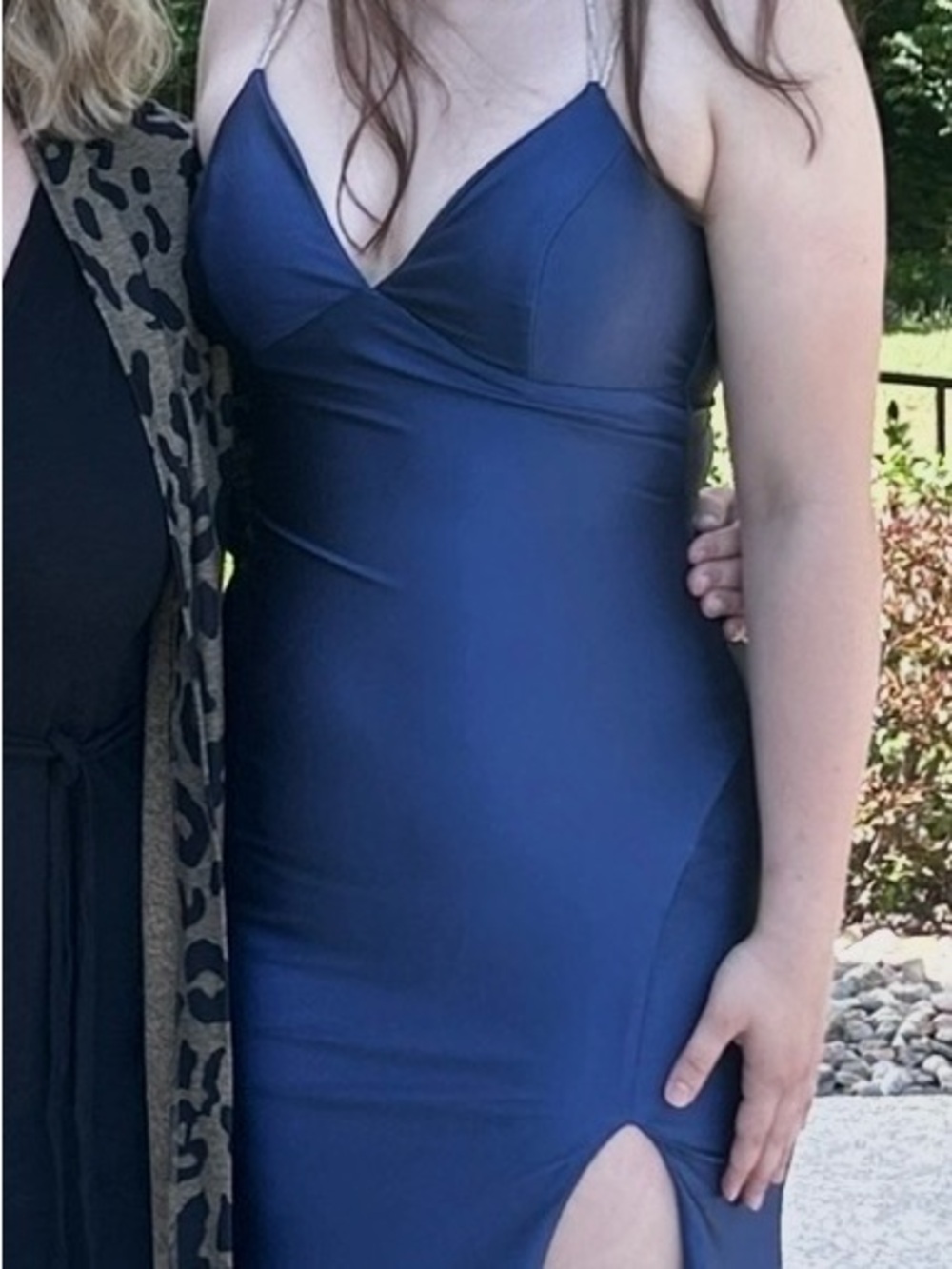 Crystal Doll Navy Spaghetti-Strap Prom Gown with Side Slit